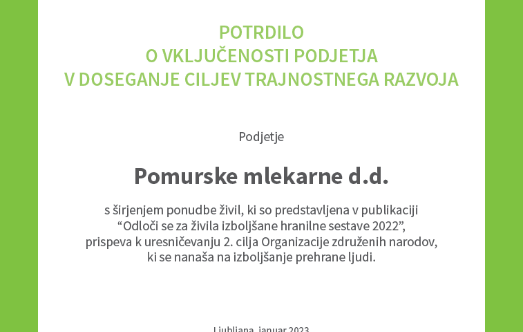 Pomurske mlekarne - Potrdilo o vključenosti podjetja v doseganje ciljev trajnostnega razvoja