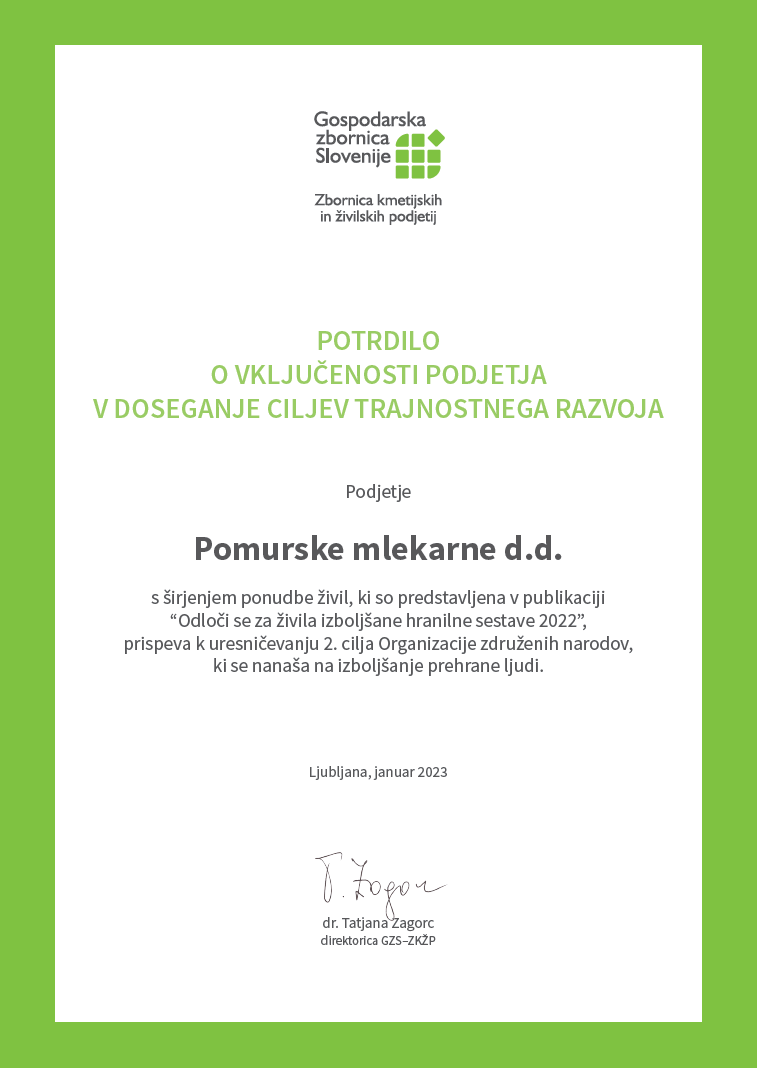 Pomurske mlekarne - Potrdilo o vključenosti podjetja v doseganje ciljev trajnostnega razvoja